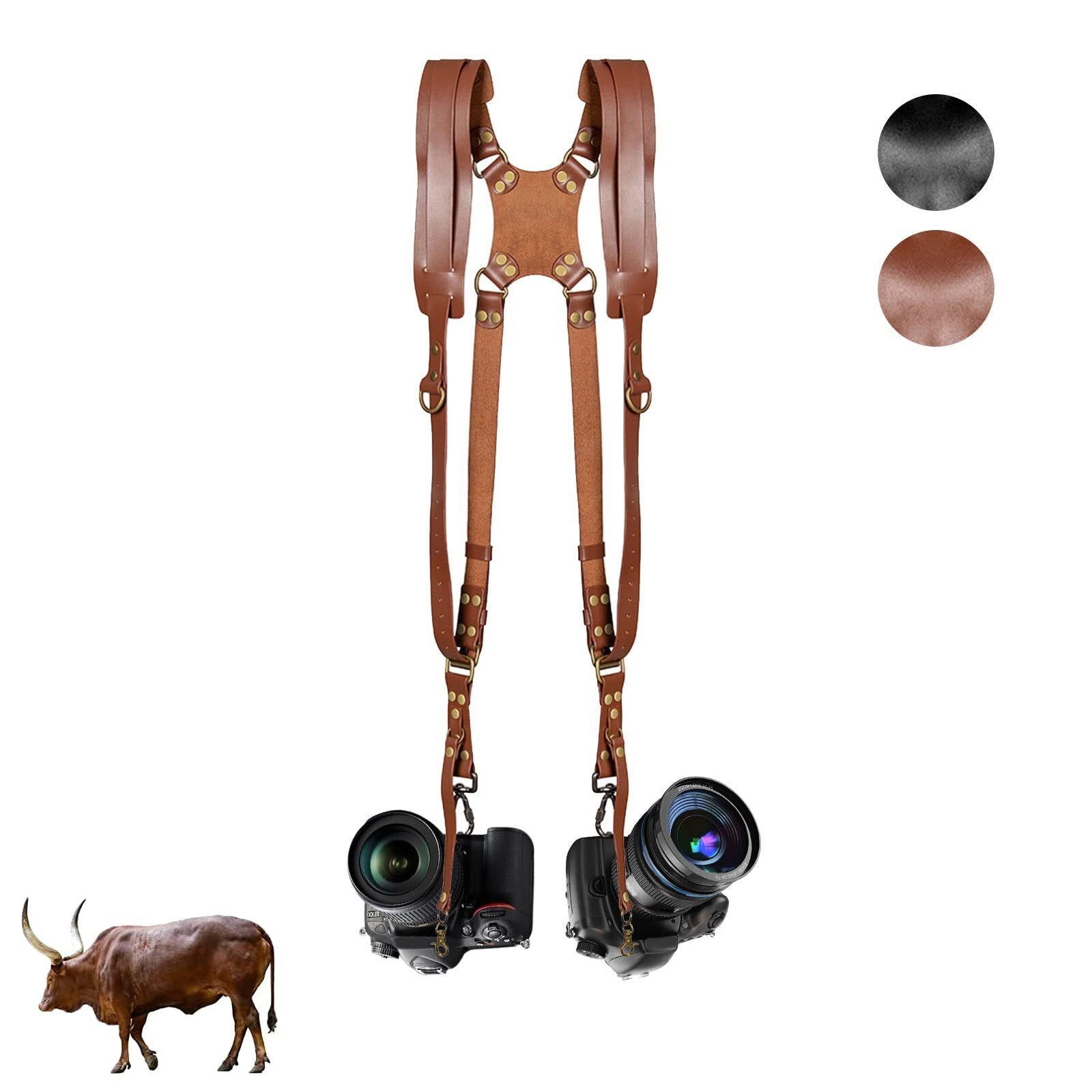 Camera Strap, Camera Straps For Photographers-Leather Dual Camera Strap For Two DSLR&SLR Cameras